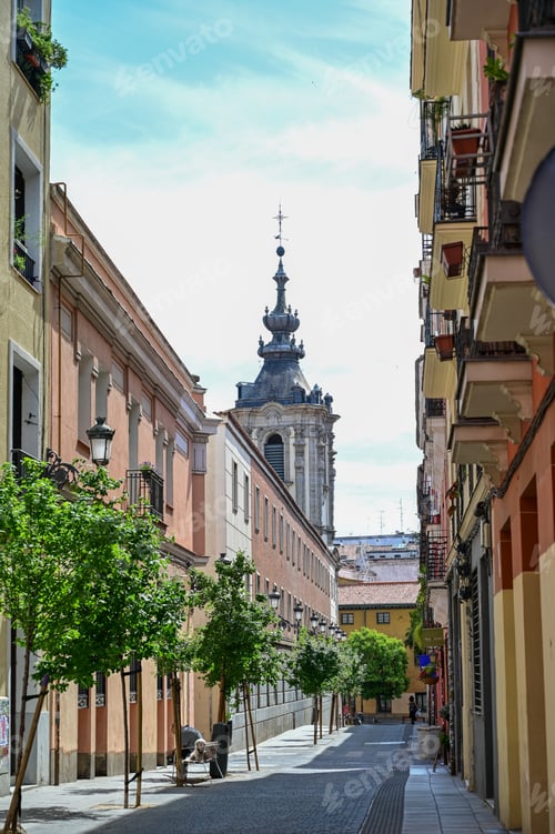 Preview: Madrid street , morning sun, trees, buildings, quiet, calm, travel photography.