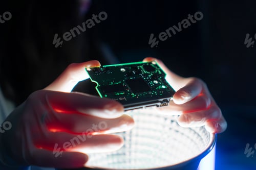 Preview: A person in a laboratory examines a circuit board under bright lights while conducting experiments f