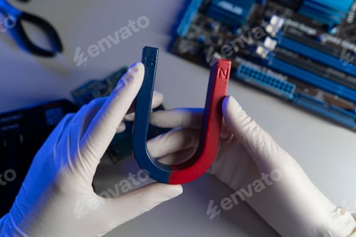 Preview: Hands in gloves hold a magnet near a computer motherboard on a work surface in a workshop setting du