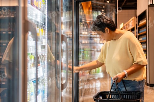 Preview: Asian senior elderly woman shopping for groceries in a supermarket.