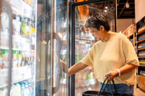 Preview: Asian senior elderly woman shopping for groceries in a supermarket.