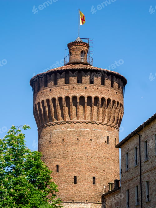 Preview: Lodi, Italy: tower of Castello Visconteo, medieval castle, seen from Viale Dalmazia