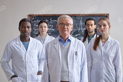 Preview: Portrait of Diverse Medical Team Standing with Professor in Classroom
