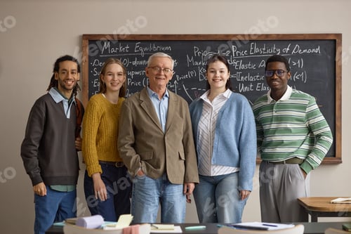Preview: Diverse Group Portrait of Teacher and Students Posing in Economics Class