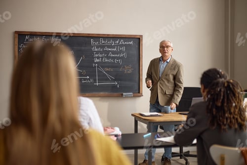 Preview: Senior Man Teaching Economics Lesson in Classroom for Education