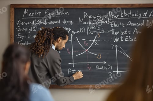 Preview: Black Adult Man Writing on Blackboard Teaching Economics Lesson