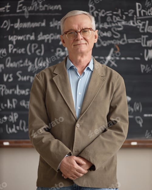 Preview: Vertical Portrait of Senior Man Standing before Economics Classroom Blackboard