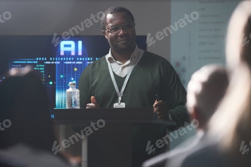 Preview: Black Middle Aged Man Presenting Ai Strategy at Business Seminar