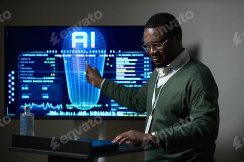 Preview: Black Man Presenting Ai Analytics Dashboard for Business Strategy
