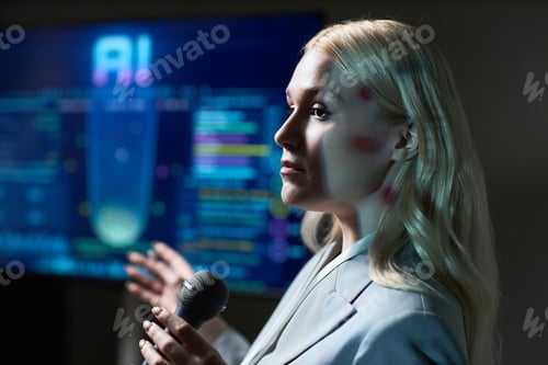 Preview: Adult Woman Presenting Ai Technology Strategy in Business Meeting