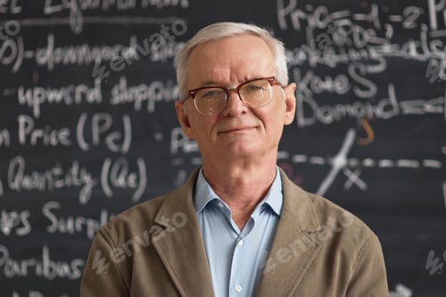 Preview: Portrait of Senior Male Economics Teacher Posing against Blackboard