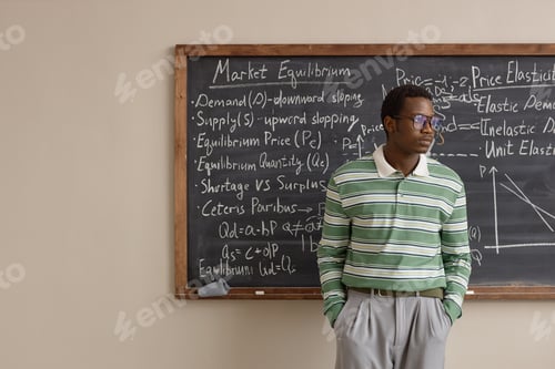 Preview: Black Young Adult Man Standing by Economics Blackboard in Classroom