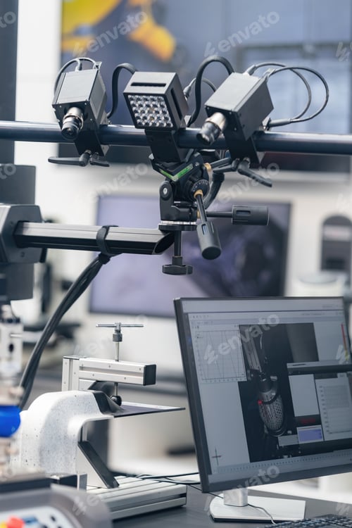 Preview: Industrial machine vision system with dual cameras mounted on a precision arm operates alongside a c