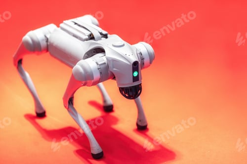 Preview: White four legged robotic dog stands on a red surface at an indoor technology exhibition, representi