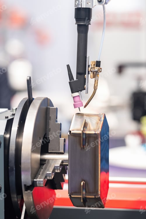 Preview: Industrial TIG welding torch positioned over a clamped angular metal workpiece held in a precision c