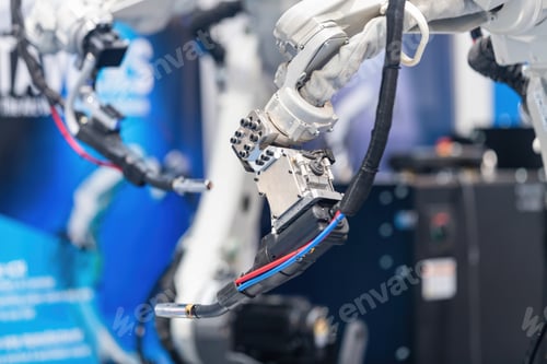 Preview: White industrial robotic arm fitted with a multicolored cable harness demonstrates automated assembl