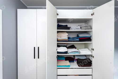 Preview: Neatly Organized White Wardrobe With Folded Clothes On Shelves