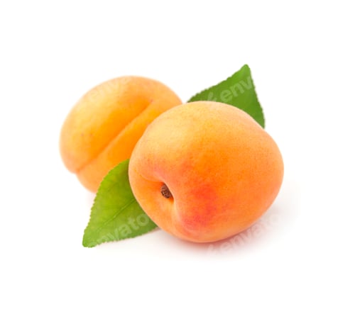 Preview: Two Ripe Orange Apricots With Green Leaves on White Background
