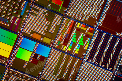 Preview: Silicon semiconductor wafer with integrated circuit die mosaic pattern.