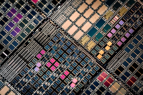 Preview: Silicon semiconductor wafer with integrated circuit die mosaic pattern.