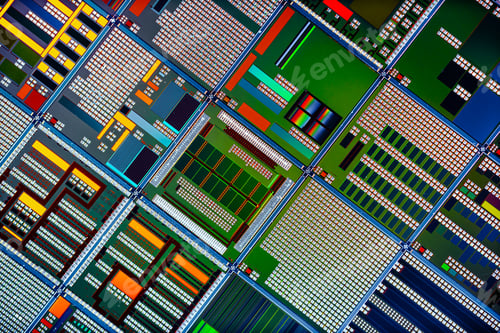 Preview: Silicon semiconductor wafer with integrated circuit die mosaic pattern.