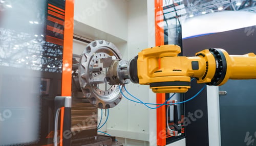 Preview: Industrial robotic arm holding metal gear component in automated factory cell.