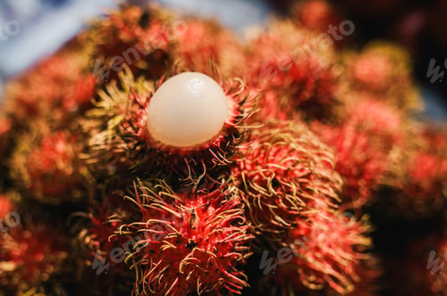 Preview: Fresh peeled rambutan on tropical fruit at a local market