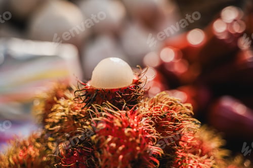 Preview: Fresh rambutan fruit at a traditional market in Laos