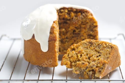Preview: Carrot cake with cream cheese frosting and a slice cut, showing walnuts and spices