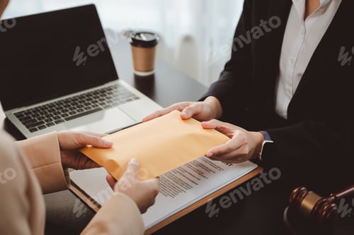 Preview: Business people engaging in an illegal transaction, offering a bribe in a brown envelope, presenting