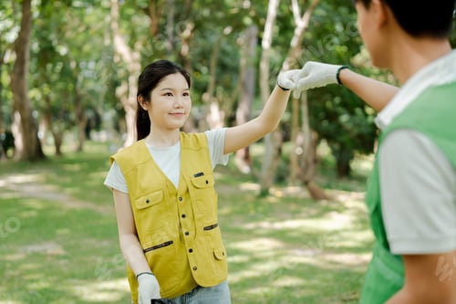Preview: Young asian woman volunteer delivering a fist bump to a companion while working for environmental pr