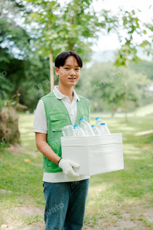 Preview: Young asian man volunteer wearing a green vest and white gloves, collecting plastic bottles in a whi