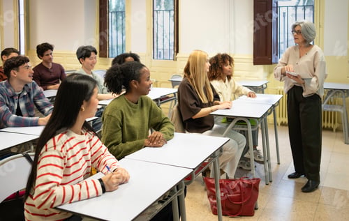 Preview: Diverse students learning from professor in university classroom