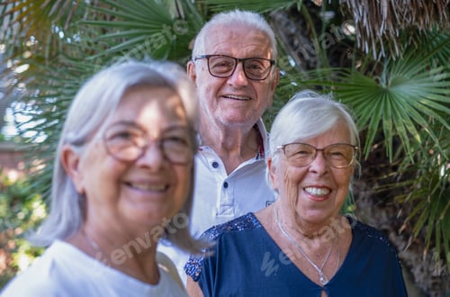 Preview: Smiling senior friends enjoying retirement and happy summer vacation, spending leisure time together