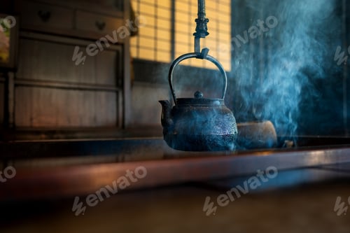 Preview: Traditional Japanese Irori Hearth with Iron Kettle and Smoke