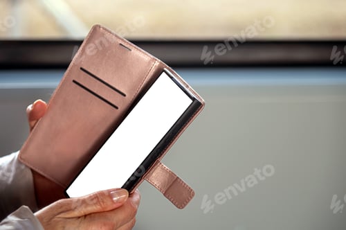 Preview: Blank mockup of a phone case template held in hand in a bright location