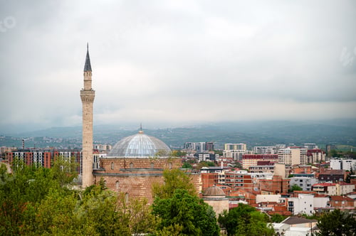 Preview: View of a mosque and city landscape in Skopje, North Macedonia