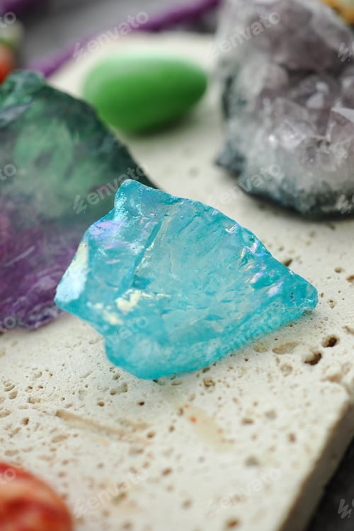 Preview: Colorful crystals on a stone surface at a market