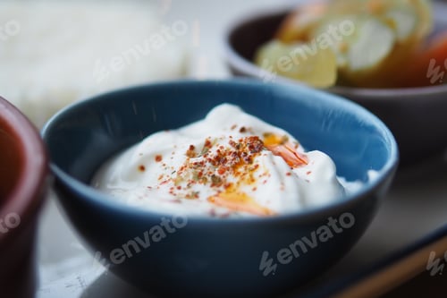 Preview: Fresh yogurt with spices and side dishes served in bowls
