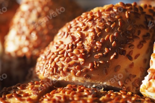Preview: Freshly baked bread with sesame seeds in sunlight