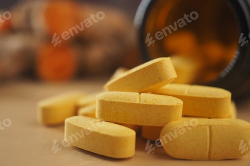 Preview: Yellow tablets and Turmeric powder on a table