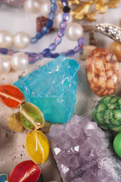 Preview: Colorful gems and beads on display in a close up