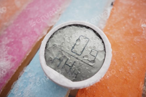 Preview: Ice melts on black object on colorful wooden surface