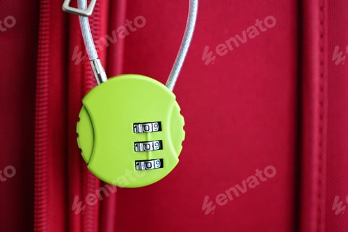 Preview: Bright green lock secures red suitcase with style and charm