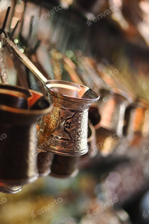 Preview: traditional Turkish coffee pot hang in a shop in the market