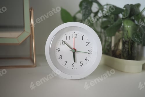 Preview: Clock shows time on a table next to a plant in a room