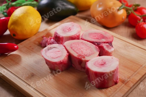 Preview: Marrow bones and fresh vegetables on a wooden cutting board