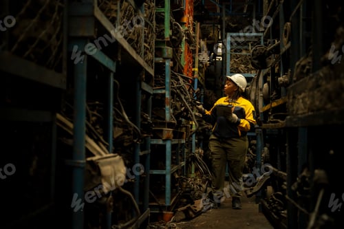 Preview: African female engineer checking auto parts inventory with a tablet in warehouse