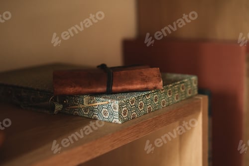 Preview: Books and leather notebook on shelf cozy reading interior scene