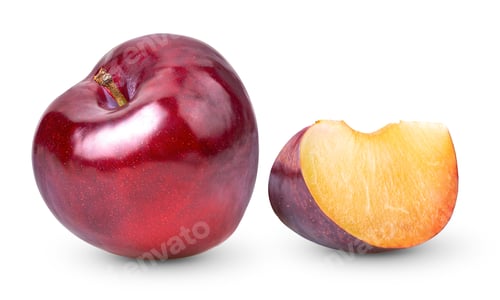 Preview: Ripe Red Plum and Fresh Slice Isolated on White Background